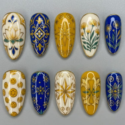 Celestial Botanical Press On Nails | Elegant Almond Nails | Lotus, Dandelion, Star & Gold Pattern Nail Art | Glossy Boho Celestial Nails
