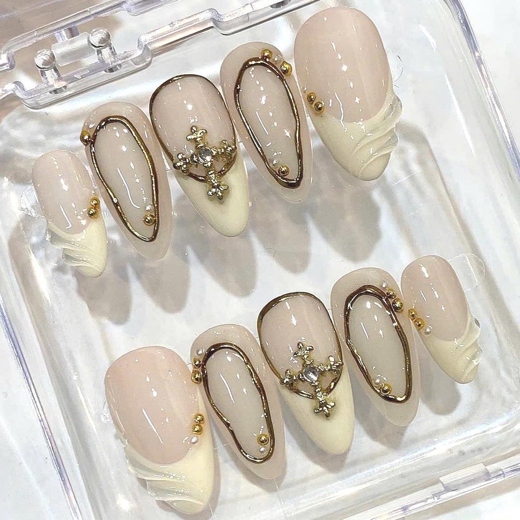Nude Gold Cross Press On Nails – Elegant Luxury Almond Set