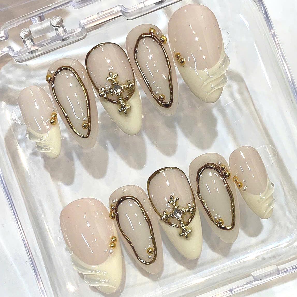 Nude Gold Cross Press On Nails – Elegant Luxury Almond Set