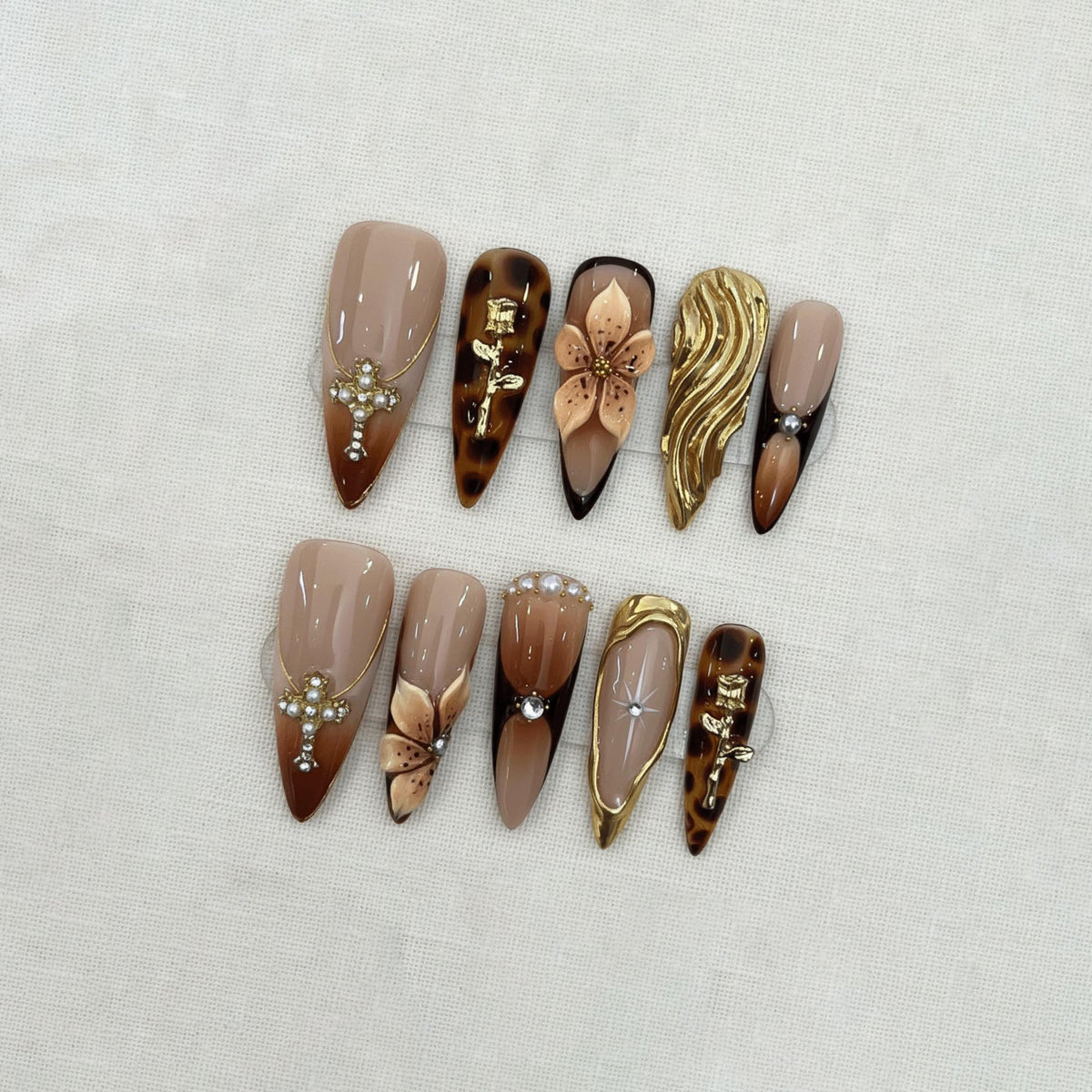 Gothic Brown Press On Nails, Luxury Elegant Tortoiseshell Nails, Handmade Gold Chrome Cross Nails, Prom Nails