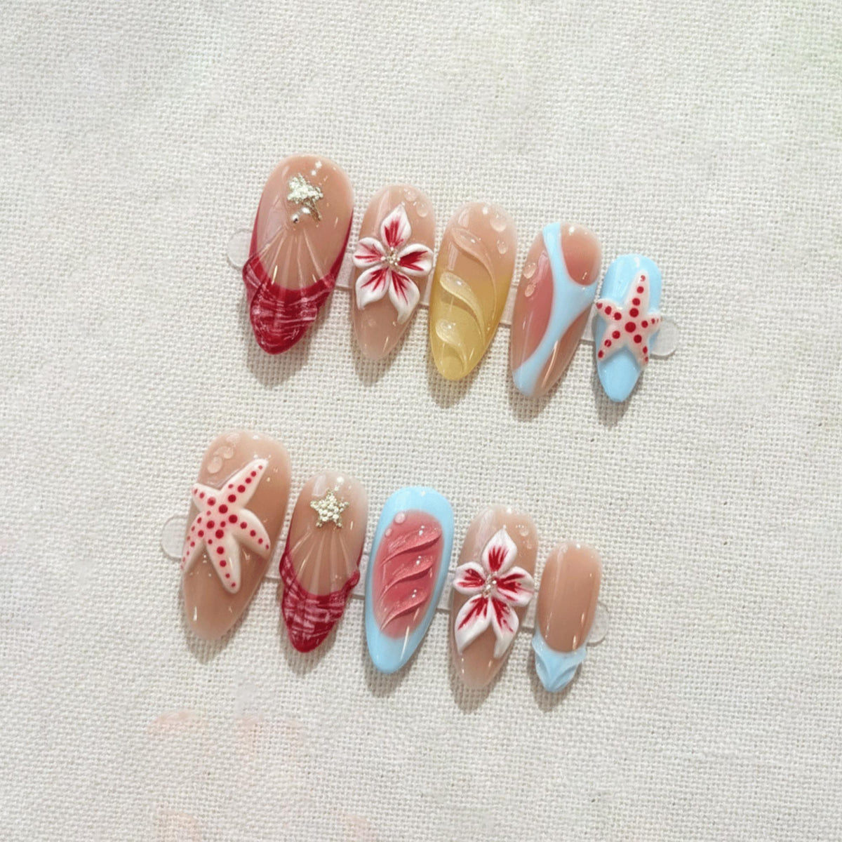 3D Beach Nails Starfish Design, Summer Press On Nails, Handmade Ocean Theme Nails