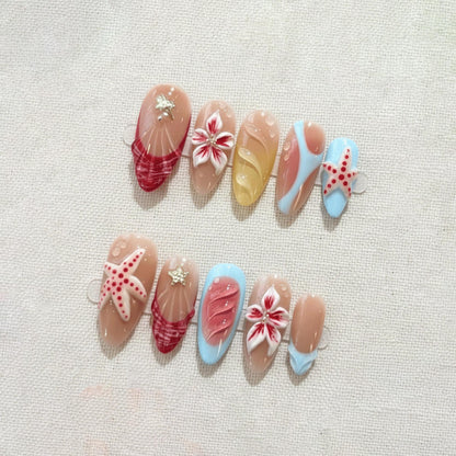 3D Beach Nails Starfish Design, Summer Press On Nails, Handmade Ocean Theme Nails