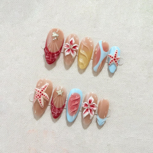 3D Beach Nails Starfish Design, Summer Press On Nails, Handmade Ocean Theme Nails