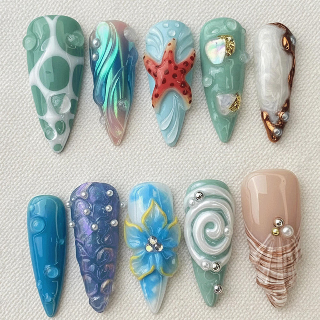 Mermaid Ocean Press On Nails, 3D Starfish Shell Nails, Handmade Beach Blue Summer Nails, Chrome Pearl Nail Set, Vacation Nail Designs