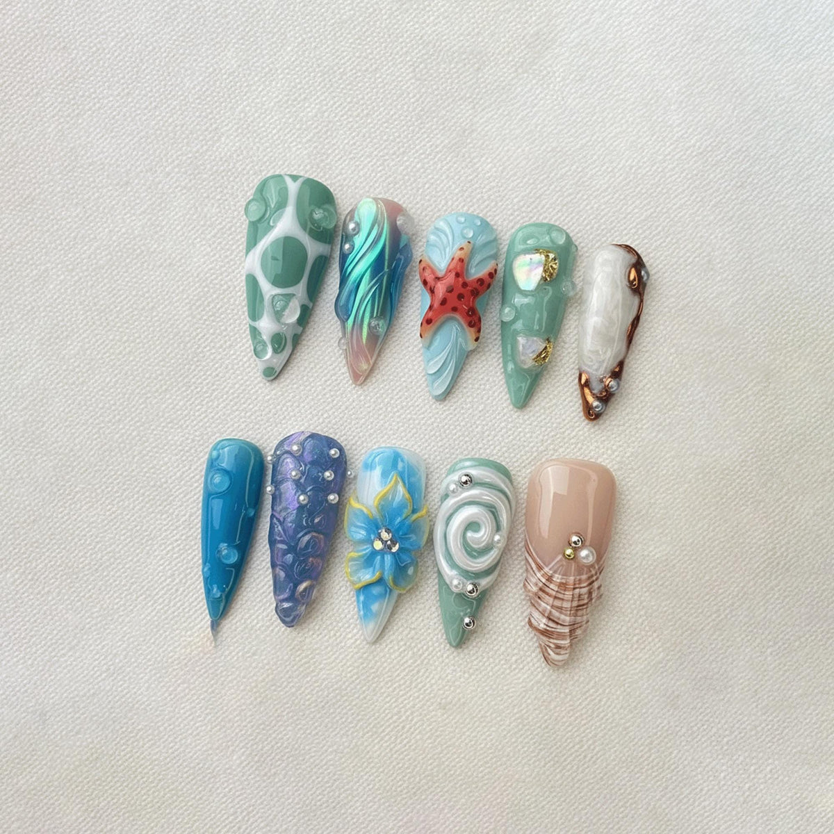 Mermaid Ocean Press On Nails, 3D Starfish Shell Nails, Handmade Beach Blue Summer Nails, Chrome Pearl Nail Set, Vacation Nail Designs
