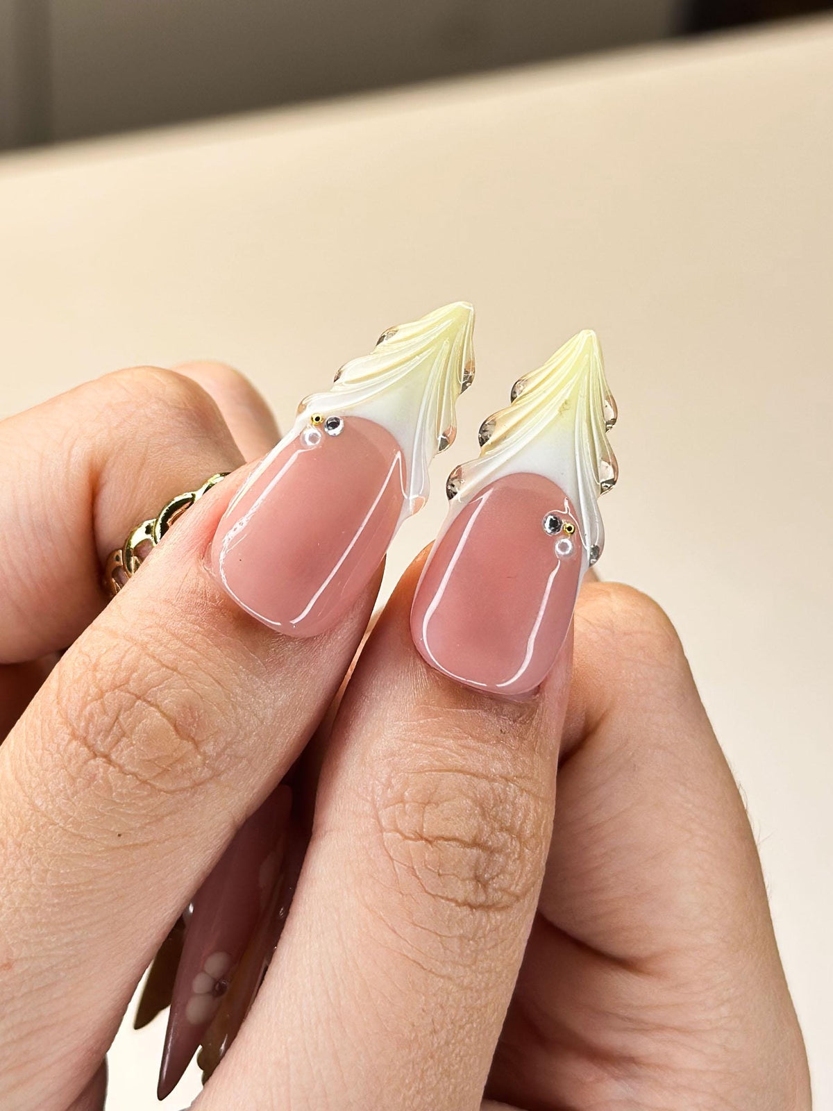 3D Butter-Cream Floral Nails | Polka Dot & Shell French Press Ons | Luxury Vintage Cream Stiletto Art | Coquette Nails | JB381IC