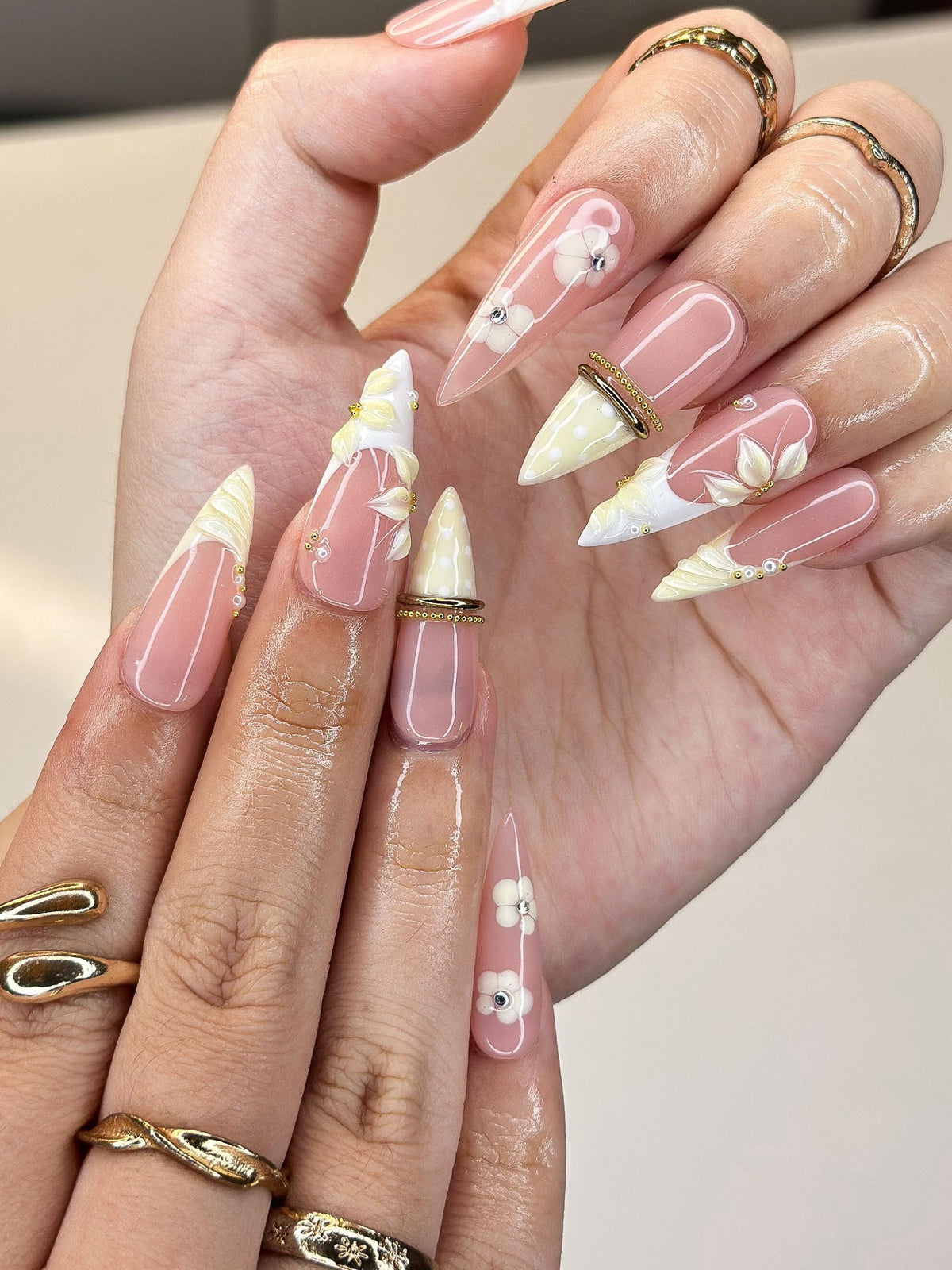 3D Butter-Cream Floral Nails | Polka Dot & Shell French Press Ons | Luxury Vintage Cream Stiletto Art | Coquette Nails | JB381IC