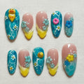 Kawaii Summer Press On Nails, Handmade 3D Duck Nails, Cute Blue Beach Nails, Reusable Nails