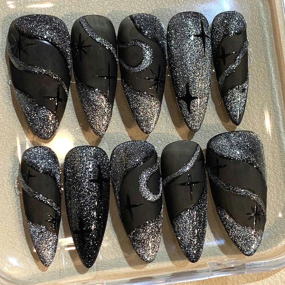 Black Glitter Stiletto Press On Nails: Moon & Star Nail Art