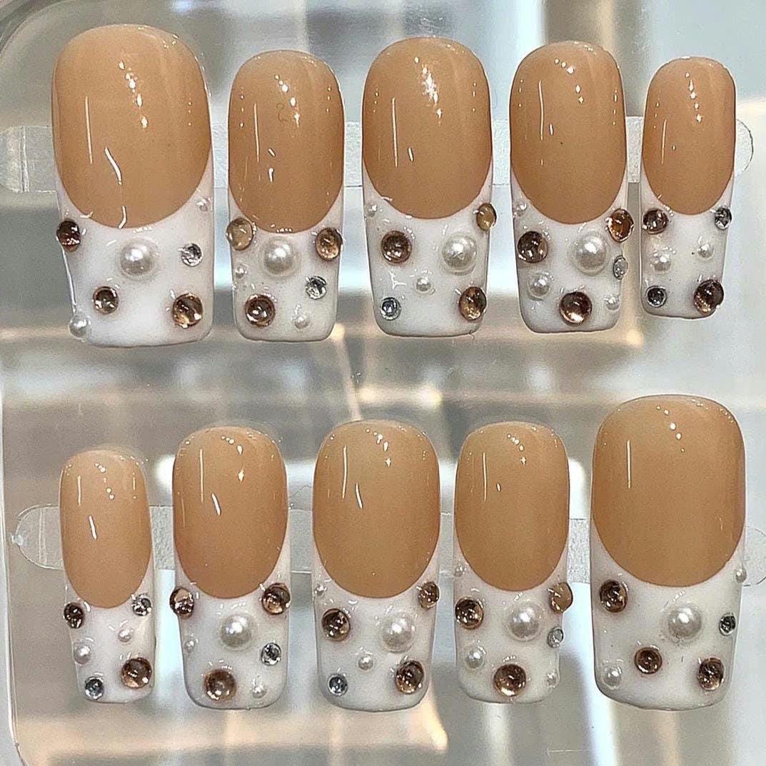 Elegant Nude French Press On Nails | Pearl Rhinestone Nails | Minimal Luxury Fake Nails