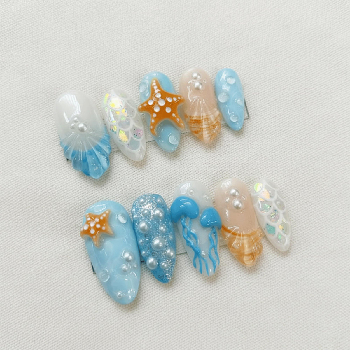 Beach Mermaid Press On Nails, 3D Starfish Shell Nails, Summer Ocean Nails, Handmade Jellyfish Pearl Nails, Vacation Nails Set