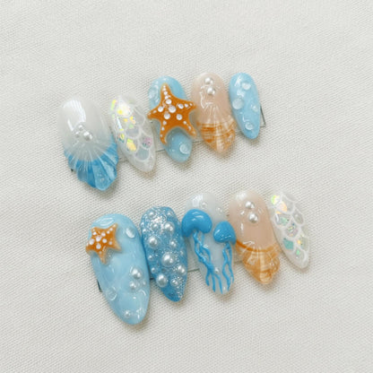 Beach Mermaid Press On Nails, 3D Starfish Shell Nails, Summer Ocean Nails, Handmade Jellyfish Pearl Nails, Vacation Nails Set