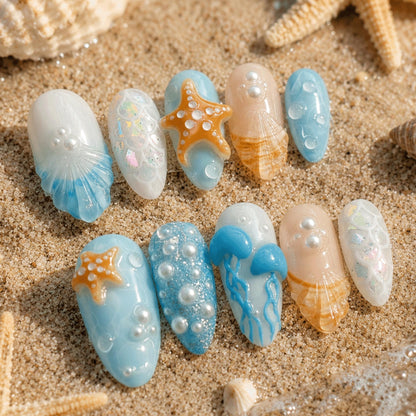 Beach Mermaid Press On Nails, 3D Starfish Shell Nails, Summer Ocean Nails, Handmade Jellyfish Pearl Nails, Vacation Nails Set