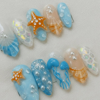 Beach Mermaid Press On Nails, 3D Starfish Shell Nails, Summer Ocean Nails, Handmade Jellyfish Pearl Nails, Vacation Nails Set