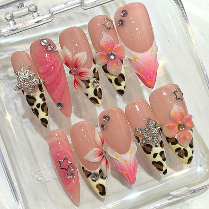 3D Floral Leopard Press On Nails: Pink Rhinestone Almond Nail Art