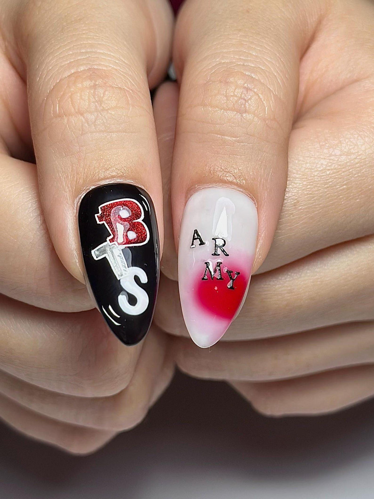 Red Black Kpop Press On Nails | Kpop Inspired Nail Art | Concert Aesthetic Almond Nails | Edgy Graphic Press Ons | Kpop Fan Nails | JB384HC