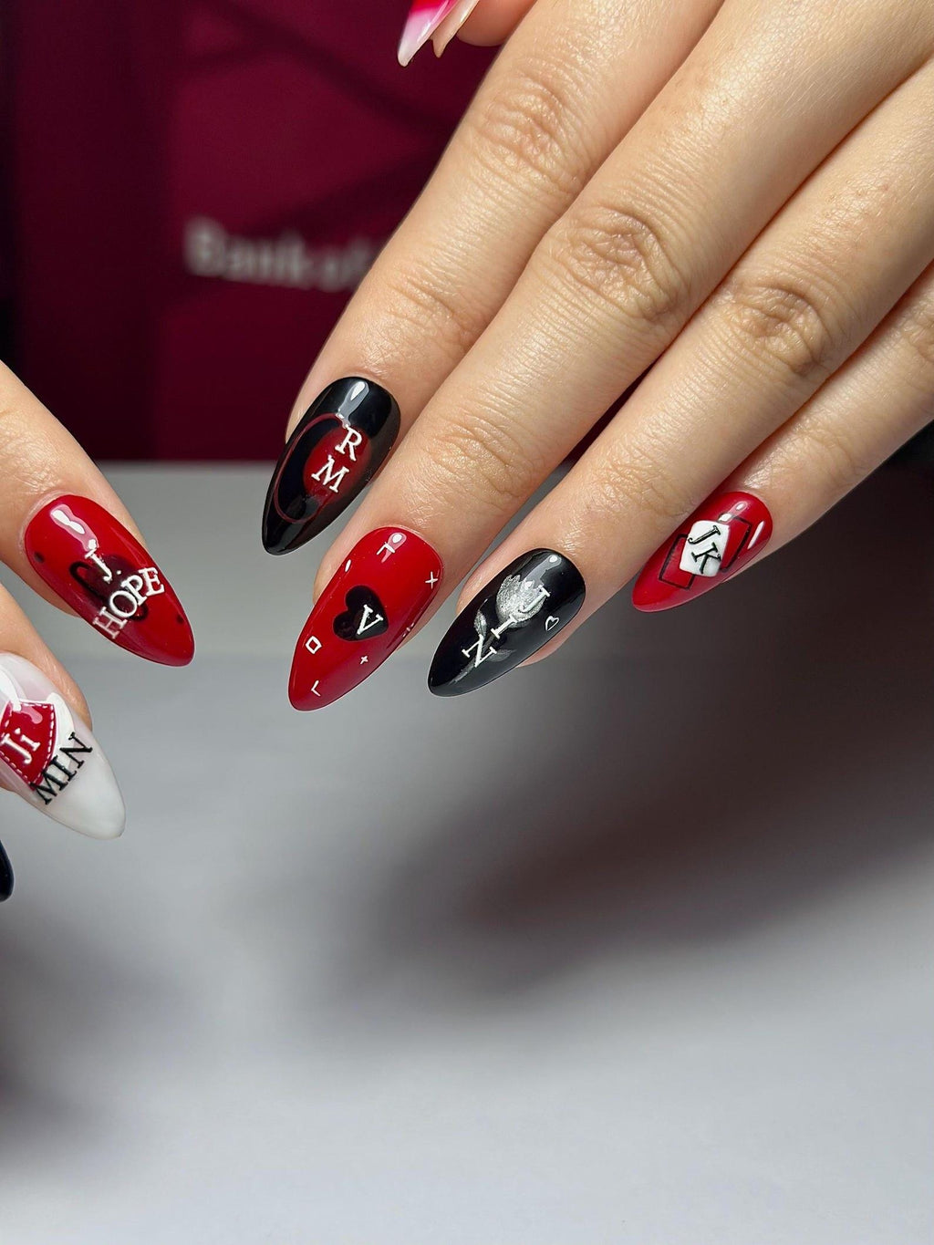 Red Black Kpop Press On Nails | Kpop Inspired Nail Art | Concert Aesthetic Almond Nails | Edgy Graphic Press Ons | Kpop Fan Nails | JB384HC