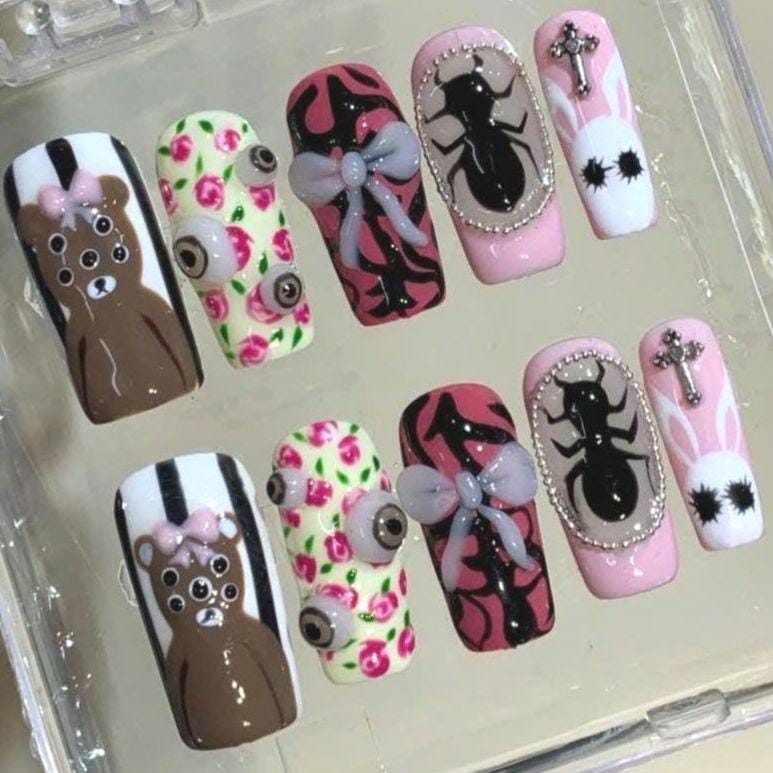 Horror Press On Nails, Halloween False Nails, Spider, Bunny, Bear, Eyeball, Bow