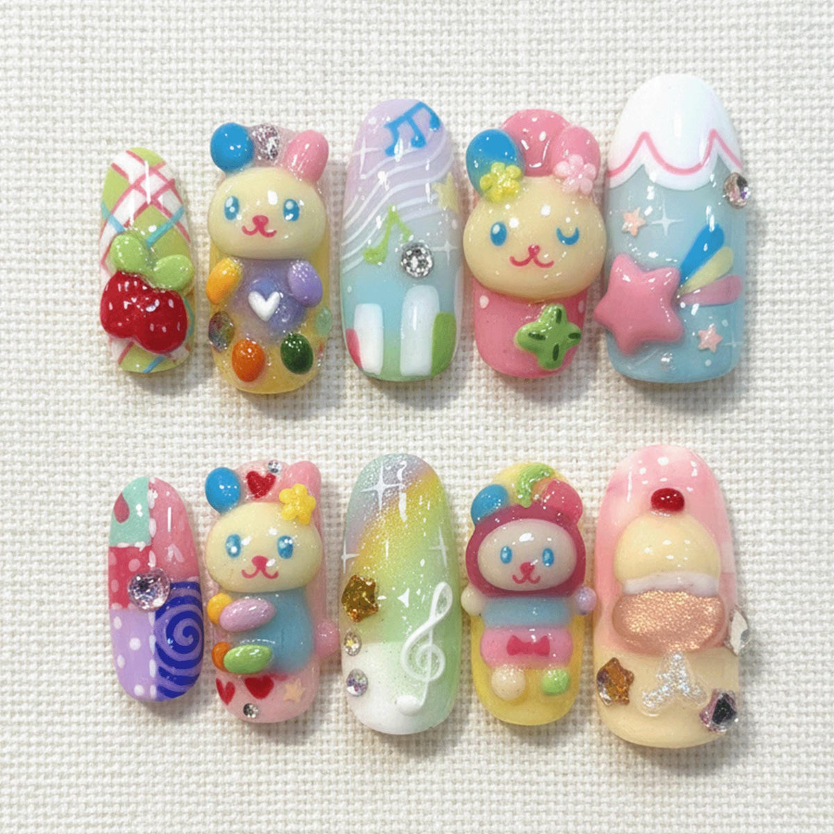 Cute Kawaii Bear Press On Nails, 3D Dessert Candy Nails, Handmade Pastel Rainbow Nails, Soft Girl Nails for Summer