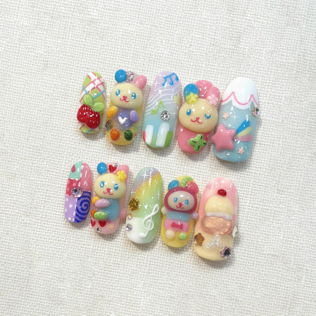 Cute Kawaii Bear Press On Nails, 3D Dessert Candy Nails, Handmade Pastel Rainbow Nails, Soft Girl Nails for Summer