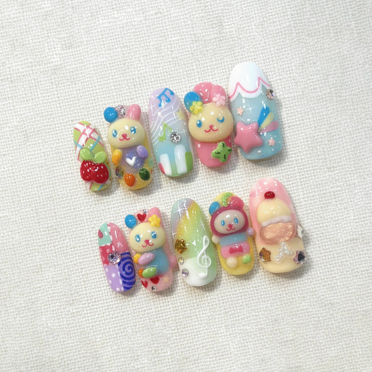 Cute Kawaii Bear Press On Nails, 3D Dessert Candy Nails, Handmade Pastel Rainbow Nails, Soft Girl Nails for Summer