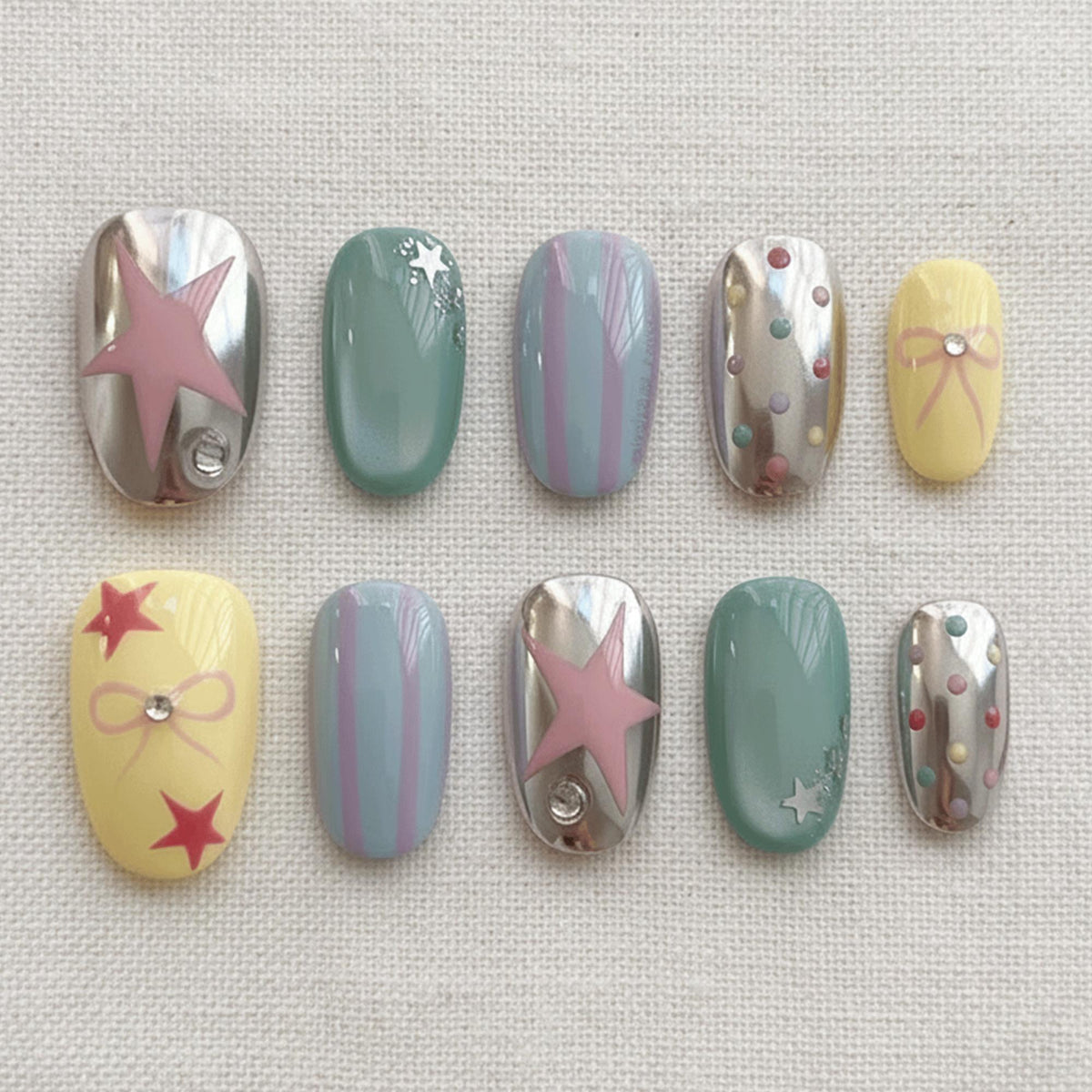 Y2K Star Press On Nails, Cute Pastel Chrome Nails, Cyber Polka Dot Nail Designs, Handmade Trendy Short Nails, Retro Aesthetic Fake Nails
