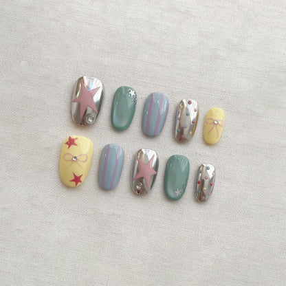 Y2K Star Press On Nails, Cute Pastel Chrome Nails, Cyber Polka Dot Nail Designs, Handmade Trendy Short Nails, Retro Aesthetic Fake Nails
