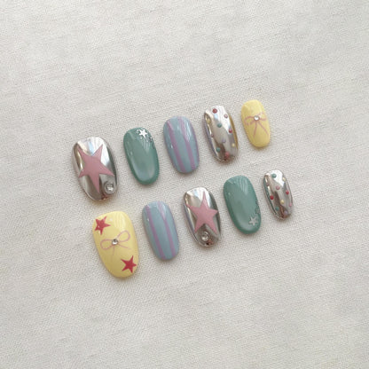 Y2K Star Press On Nails, Cute Pastel Chrome Nails, Cyber Polka Dot Nail Designs, Handmade Trendy Short Nails, Retro Aesthetic Fake Nails