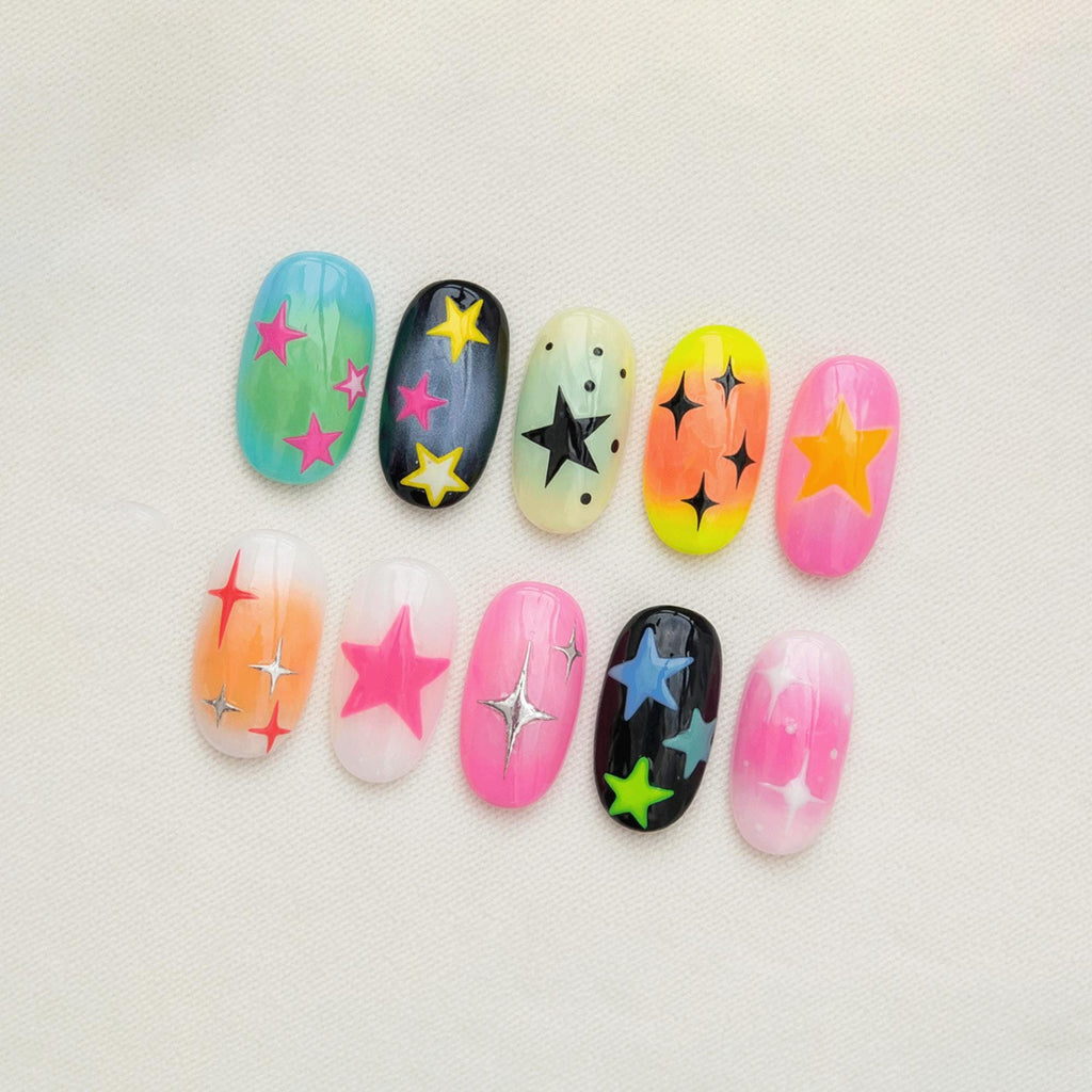 Colorful Star Press On Nails, Y2K Neon Nails, Cute Kawaii Nail Set, Playful Party Nails, Handmade Reusable Nails