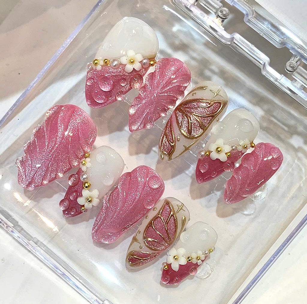 Pink 3D Floral Butterfly Press On Nails, Pearl Gold Charm Set