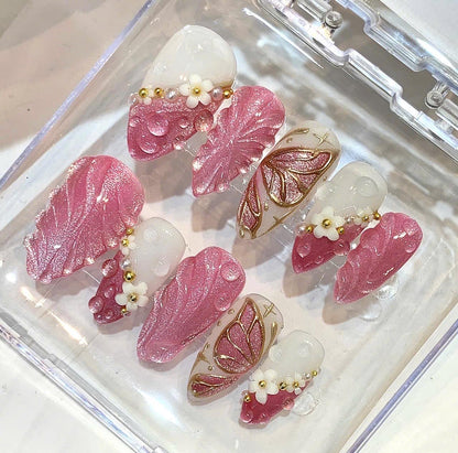 Pink 3D Floral Butterfly Press On Nails, Pearl Gold Charm Set
