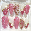 Pink 3D Floral Butterfly Press On Nails, Pearl Gold Charm Set