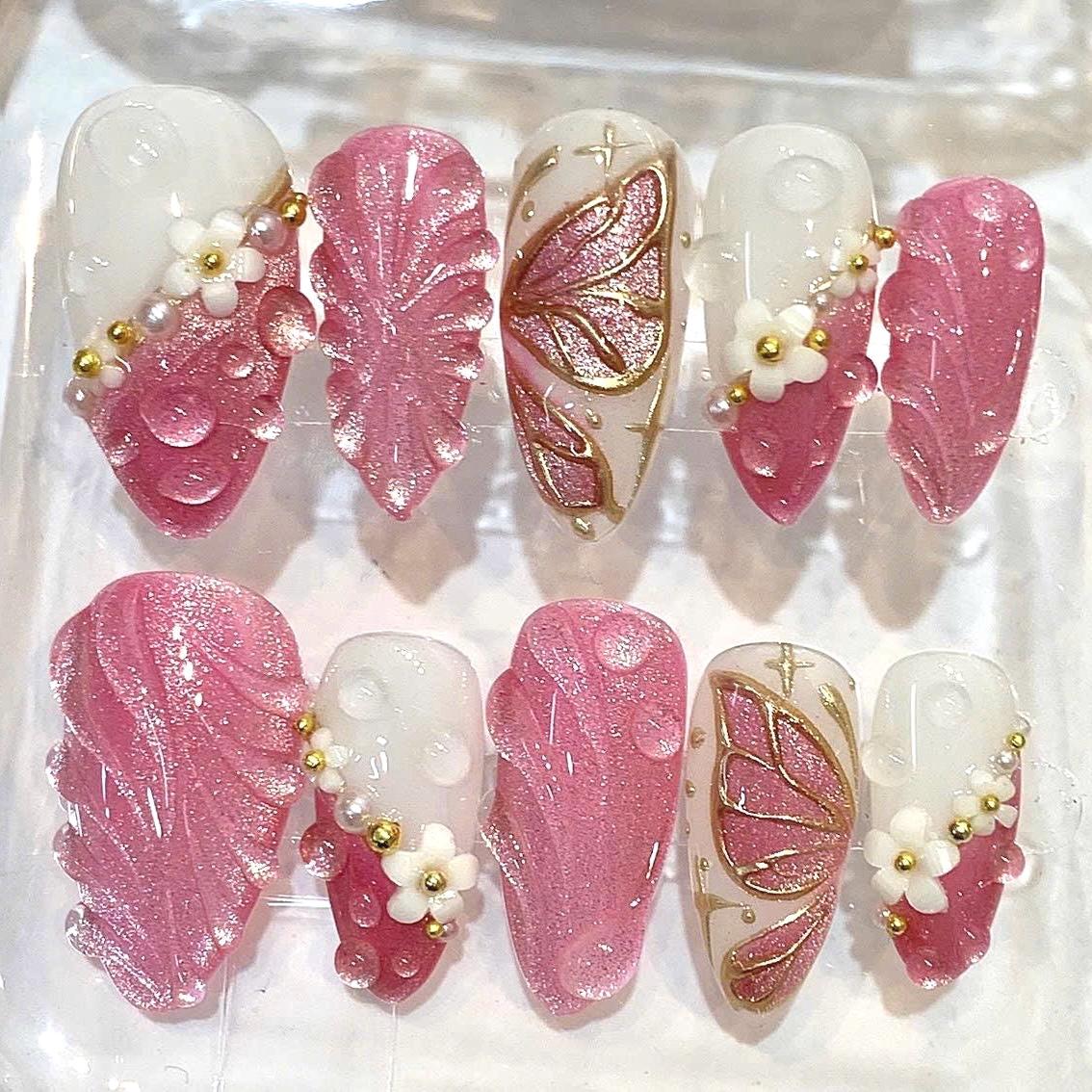 Pink 3D Floral Butterfly Press On Nails, Pearl Gold Charm Set