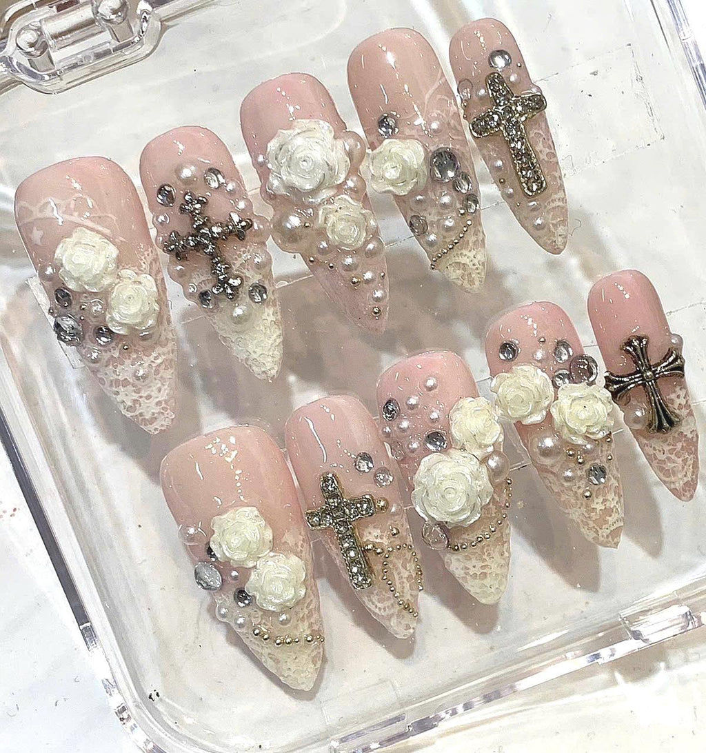 Vintage Cross Press On Nails, 3D Rose Pearl Gothic Coquette Set