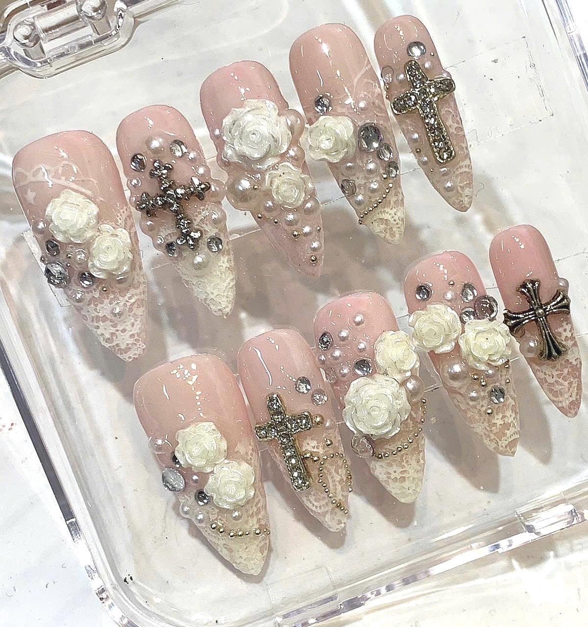Vintage Cross Press On Nails, 3D Rose Pearl Gothic Coquette Set