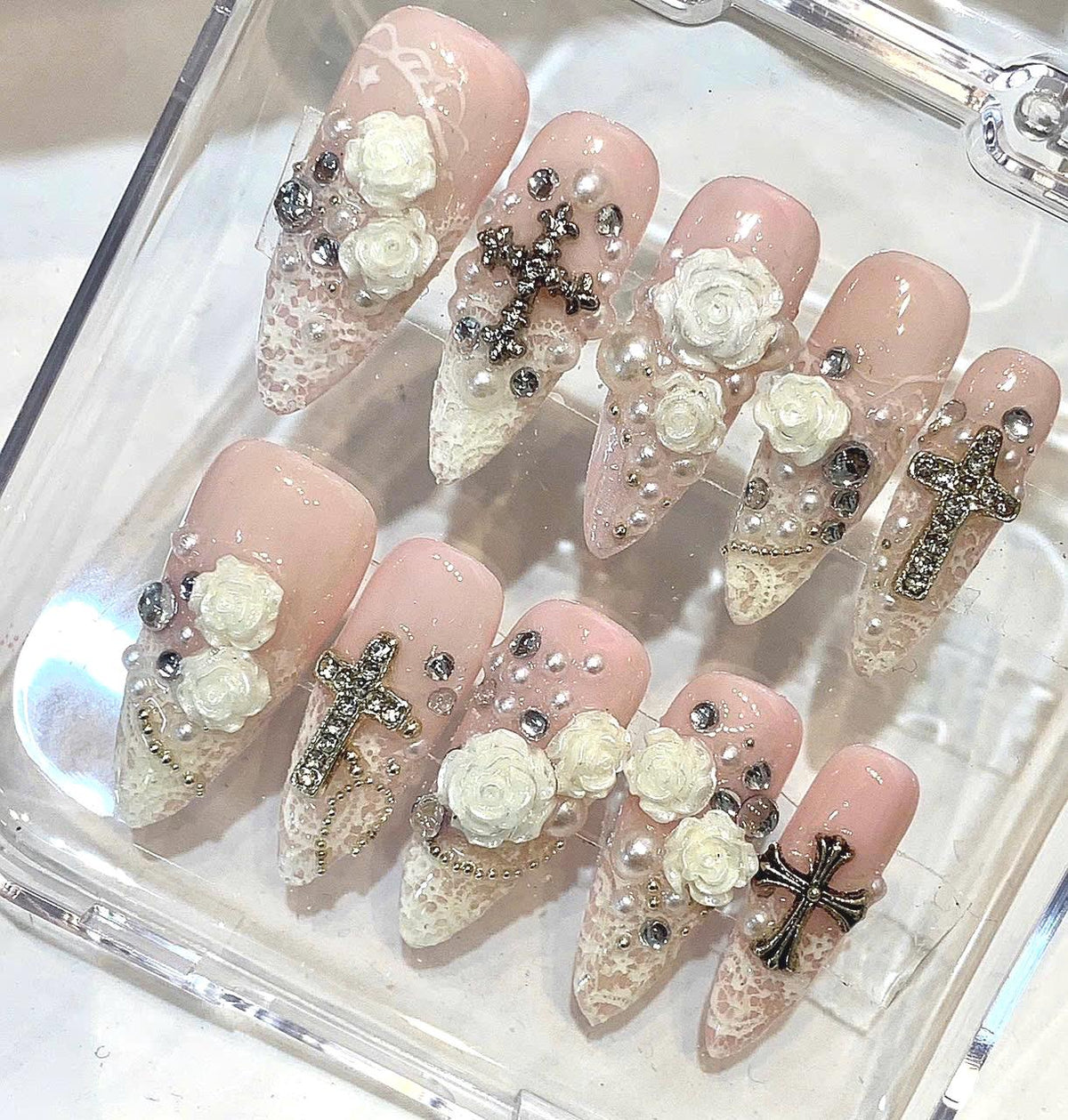 Vintage Cross Press On Nails, 3D Rose Pearl Gothic Coquette Set