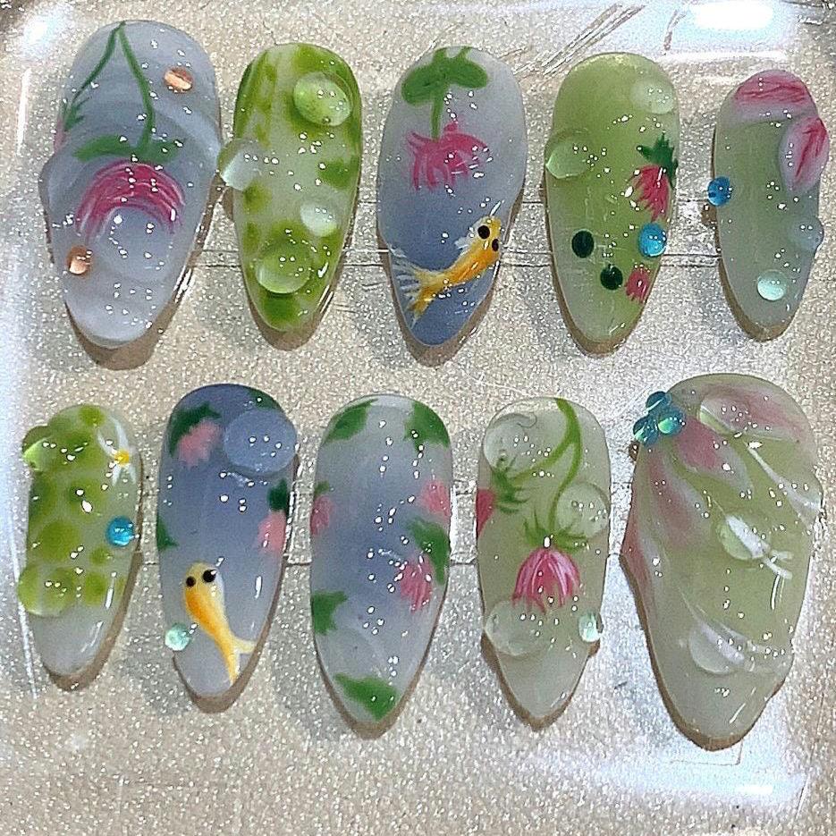 Hand-Painted Koi Pond Press On Nails: 3D Water Bubble Nail Art