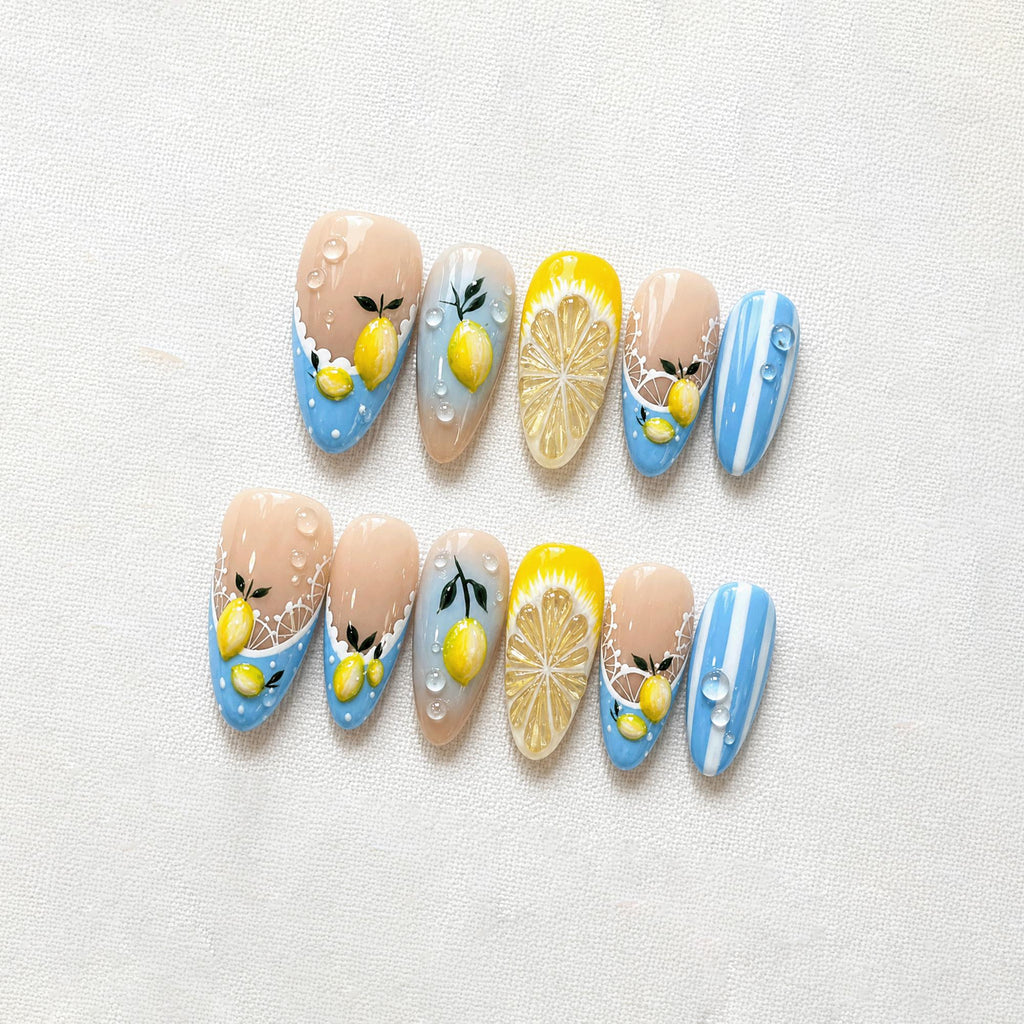Lemon Summer Press On Nails, Blue French Tip Nails, Citrus Fruit Nail Set, 3D Lemon Nails, Cute Vacation Nails