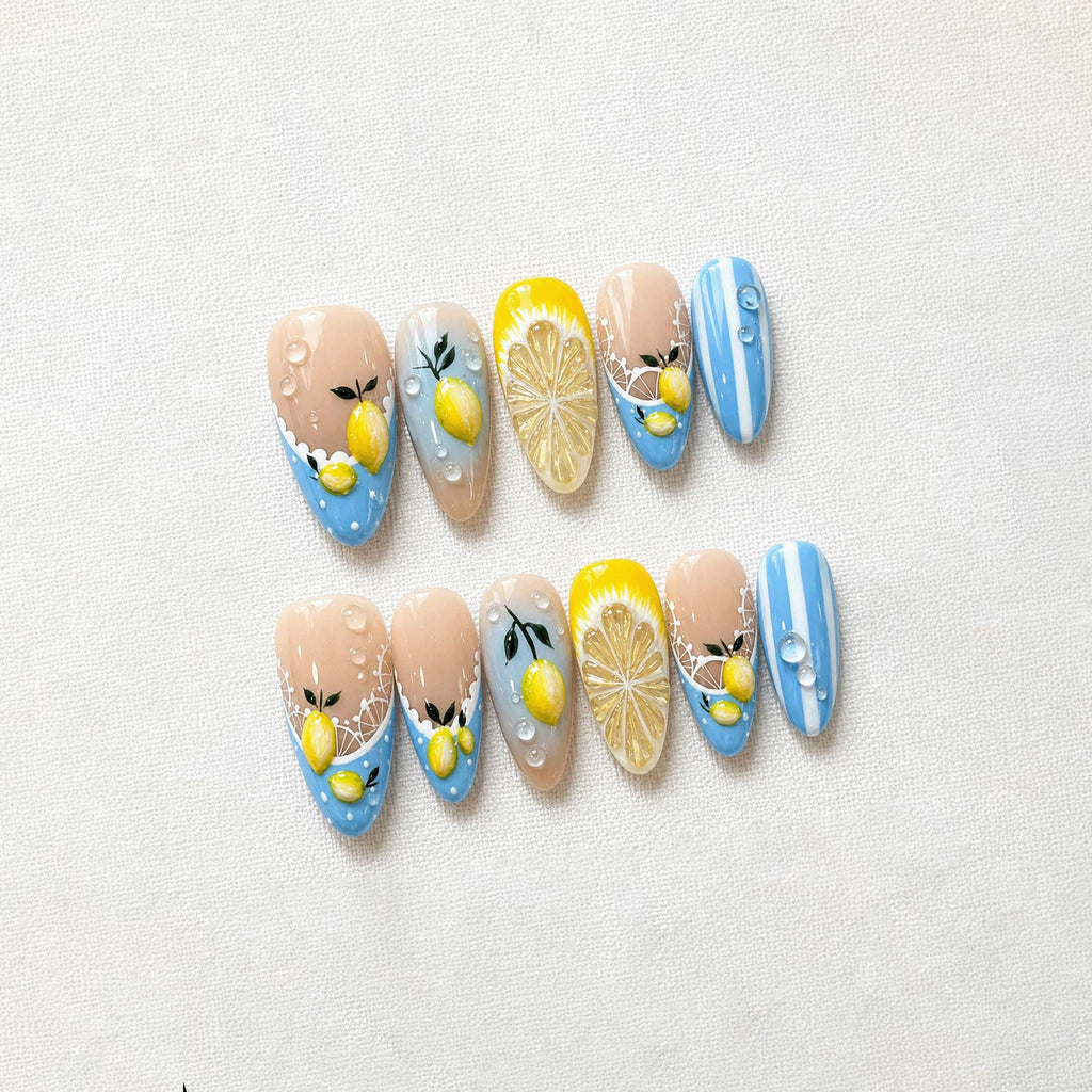 Lemon Summer Press On Nails, Blue French Tip Nails, Citrus Fruit Nail Set, 3D Lemon Nails, Cute Vacation Nails