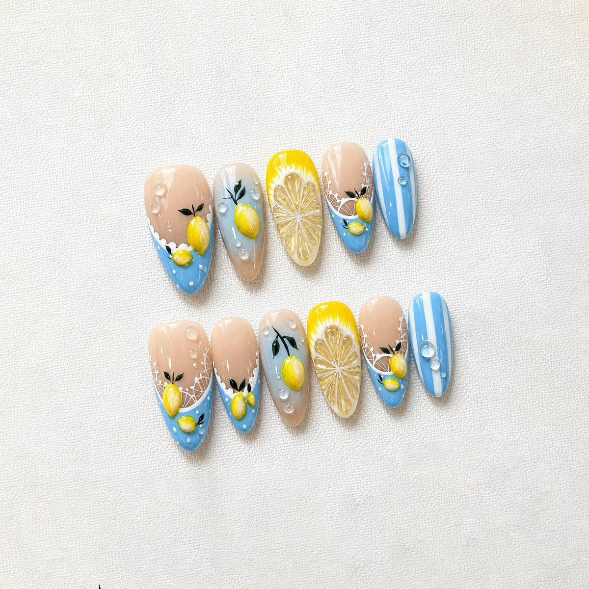 Lemon Summer Press On Nails, Blue French Tip Nails, Citrus Fruit Nail Set, 3D Lemon Nails, Cute Vacation Nails