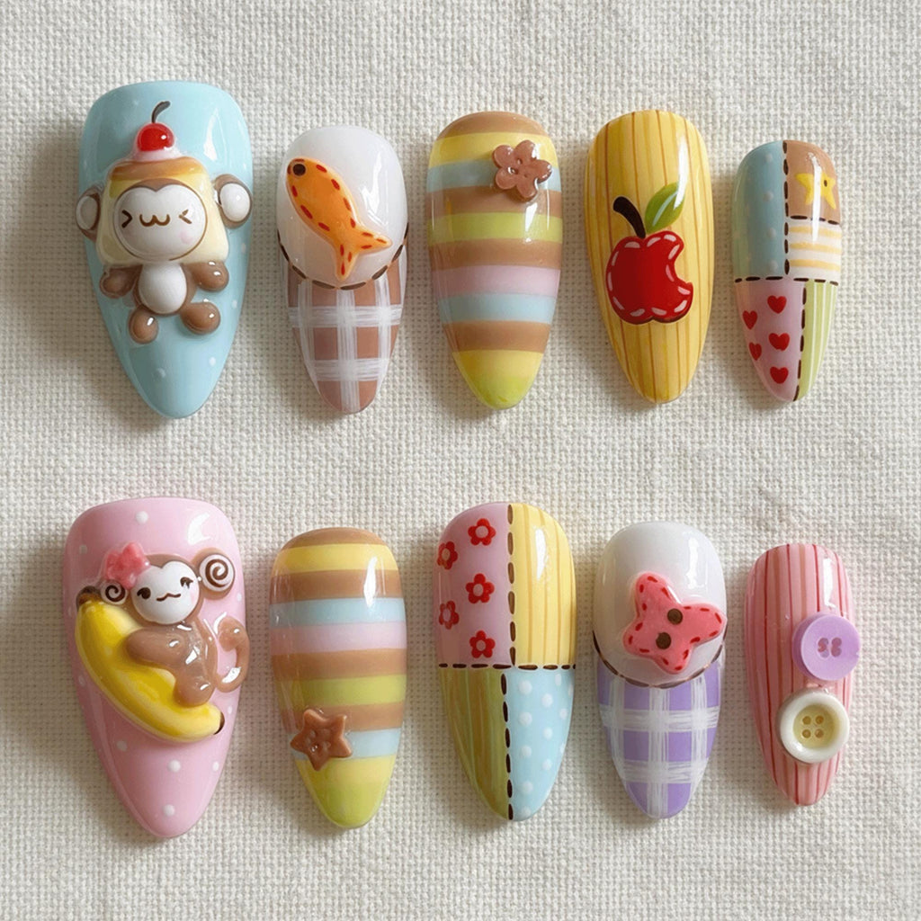 Kawaii Pastel Press On Nails, 3D Cookie Nails, Cute Animal Nail Set, Handmade Japanese Fake Nails, Plaid Gingham Nails