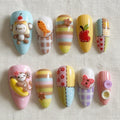 Kawaii Pastel Press On Nails, 3D Cookie Nails, Cute Animal Nail Set, Handmade Japanese Fake Nails, Plaid Gingham Nails