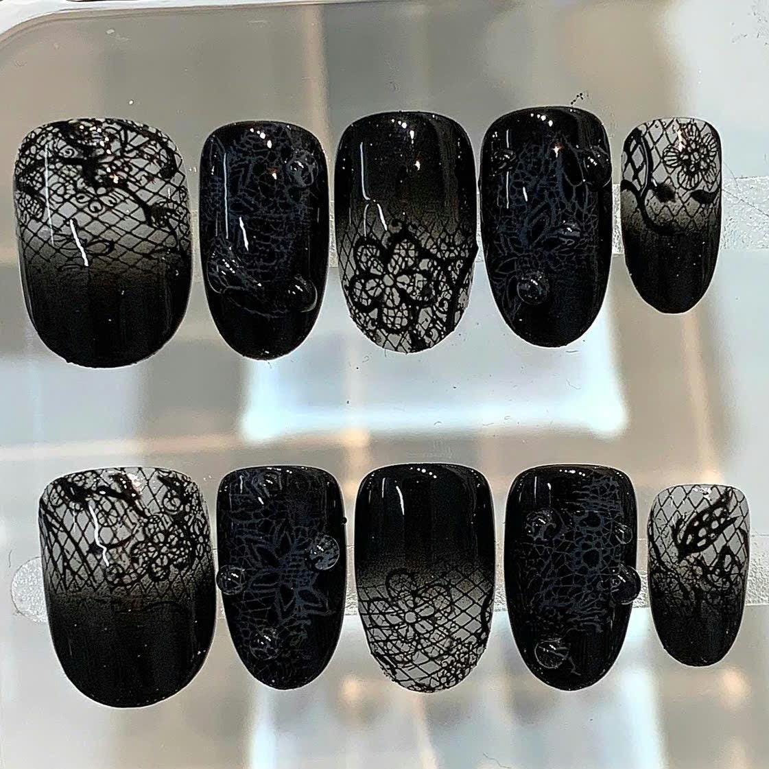 Black Lace Ombre Press On Nails | Gothic Witchy False Nail Art