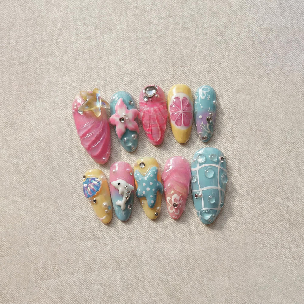 Summer Kawaii Press On Nails, Mermaid Beach Nails, Cute Pastel Dolphin Nails, Handmade Reusable Gel Nails