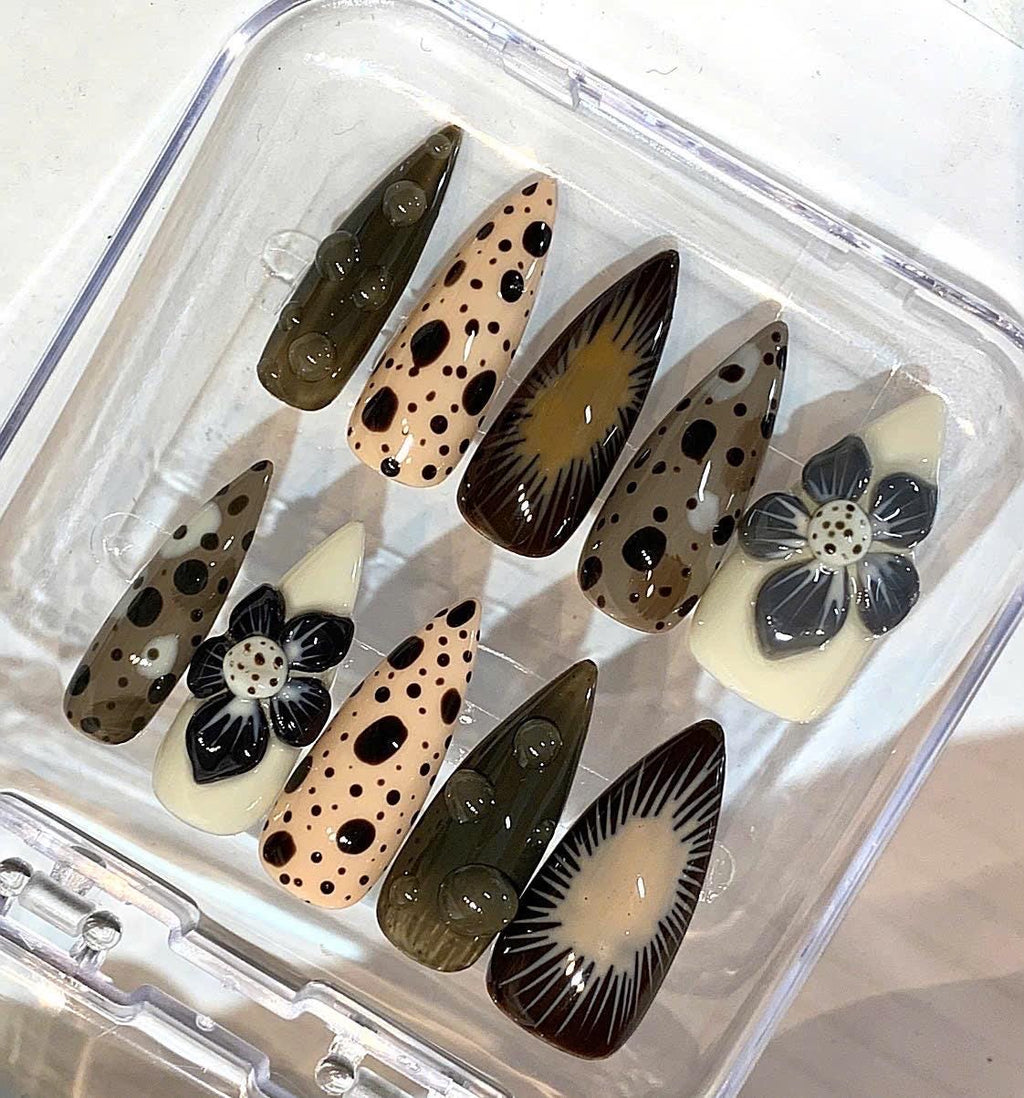 Brown Retro Stiletto Press On Nails | Polka Dot, 3D Flower, Abstract Ombre Set