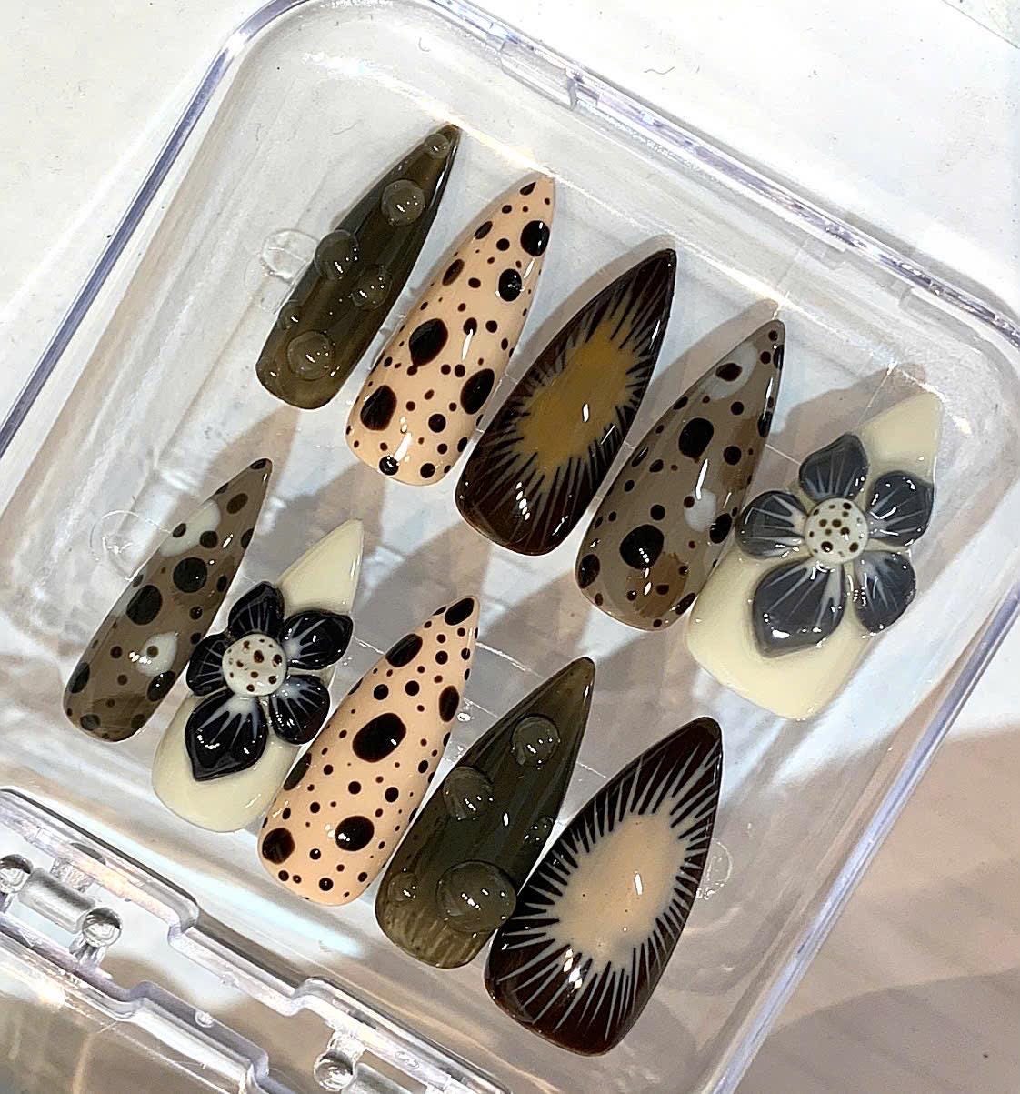Brown Retro Stiletto Press On Nails | Polka Dot, 3D Flower, Abstract Ombre Set
