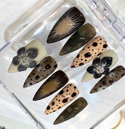 Brown Retro Stiletto Press On Nails | Polka Dot, 3D Flower, Abstract Ombre Set