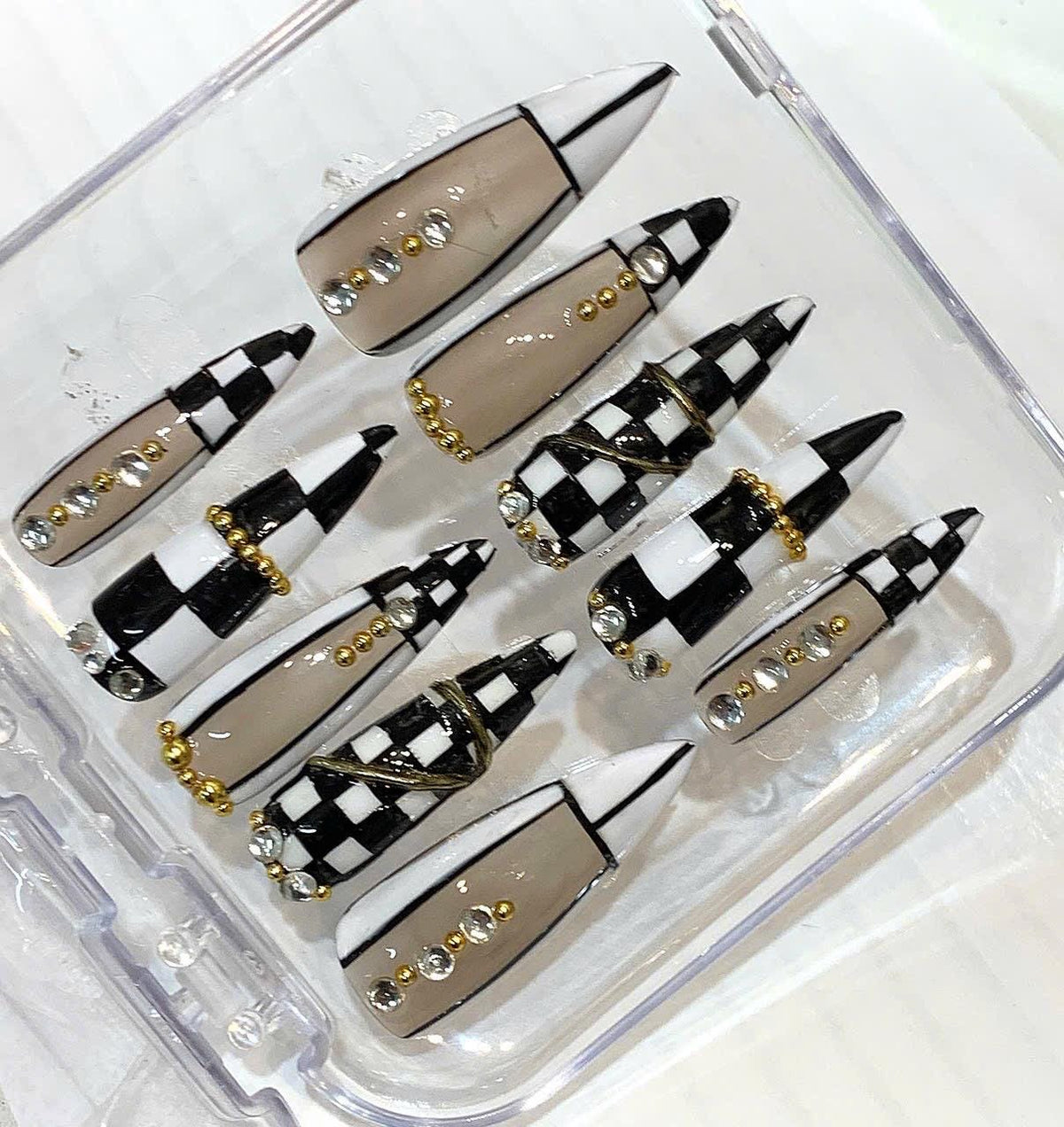 Black White Checkerboard Press-On Nails | Rhinestone Gold Bead Stiletto Set