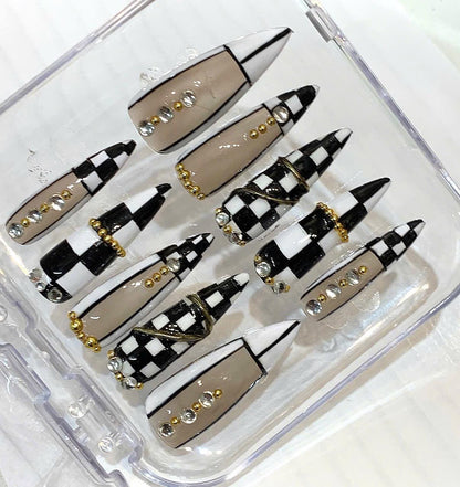 Black White Checkerboard Press-On Nails | Rhinestone Gold Bead Stiletto Set