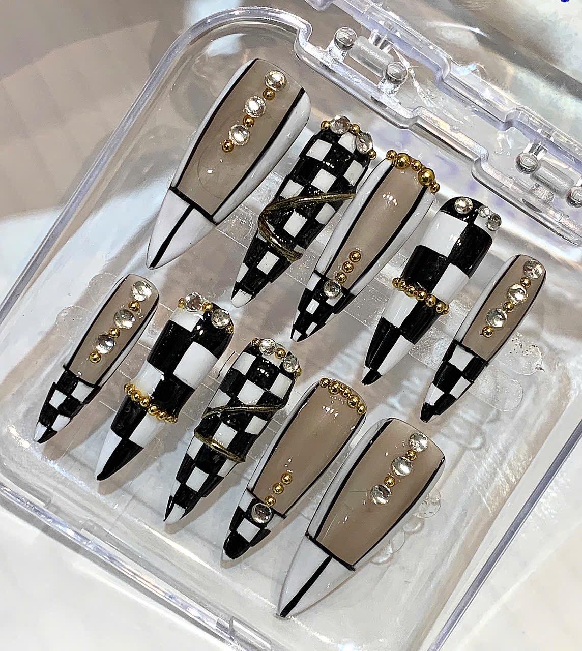 Black White Checkerboard Press-On Nails | Rhinestone Gold Bead Stiletto Set